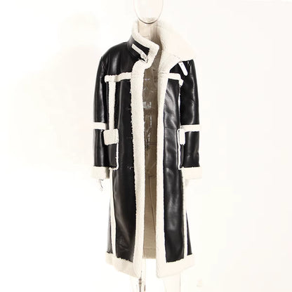 OUDINA Winter Vintage Thickened Fur Coat over Knee Lamb Wool Loose Cotton Leather Trench Jacket Long Woolen Coats for Women