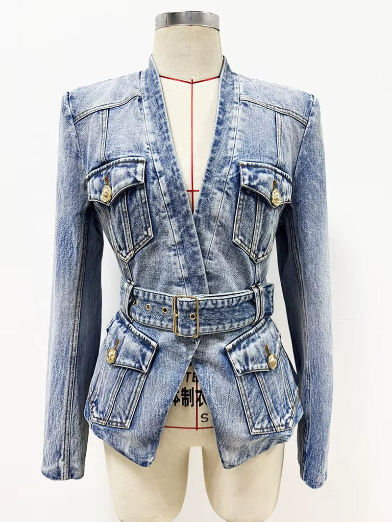 OUDINA Wholesale Ready Stock V Neck Belt Metal Buttons Washed Jean Jacket plus Size XXXL Women'S Jackets