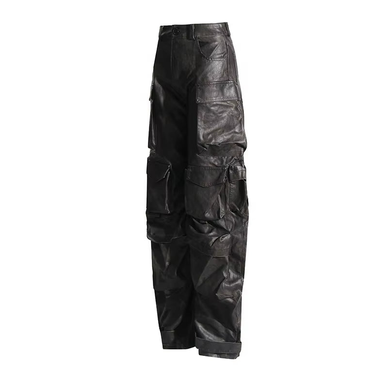 OUDINA 2023 New High Street Multi Pocket Leather Pants Solid Color High Waist Wide-Leg Cargo Trousers Women