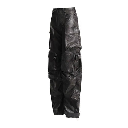 OUDINA 2023 New High Street Multi Pocket Leather Pants Solid Color High Waist Wide-Leg Cargo Trousers Women