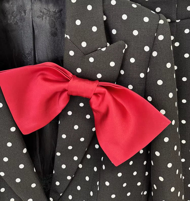 OUDINA Fast Shipping Elegant Bow Decoration Polka Dot Jacket Trousers Pants Blazers Two Piece Set Women'S Suits