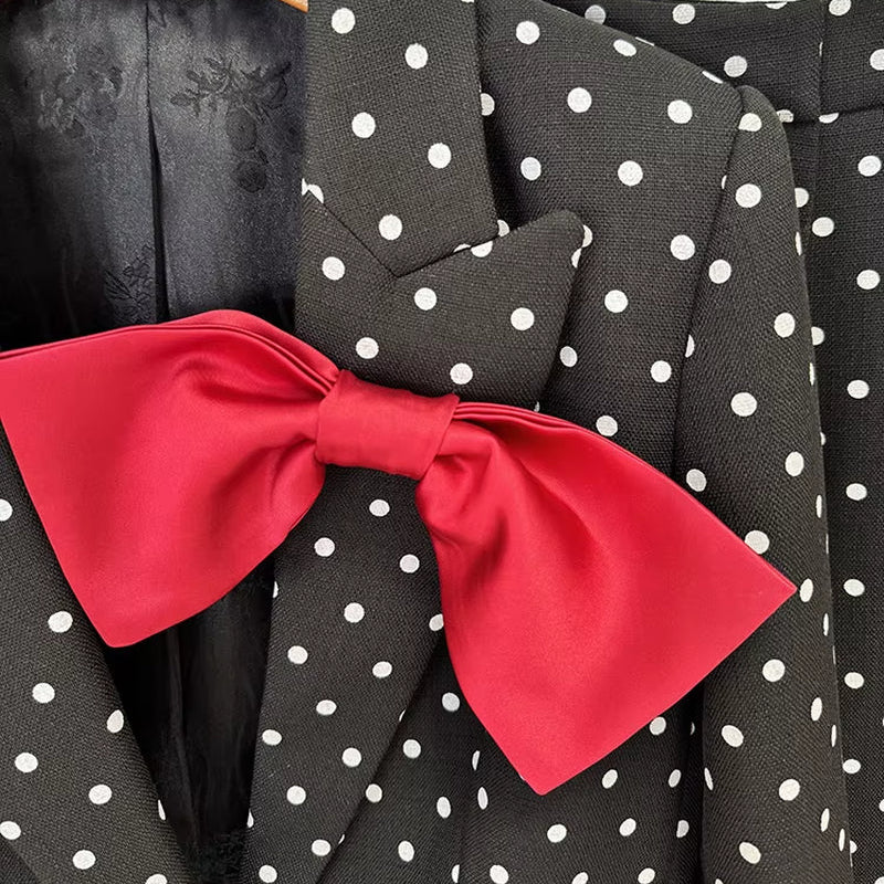 OUDINA Fast Shipping Elegant Bow Decoration Polka Dot Jacket Trousers Pants Blazers Two Piece Set Women'S Suits