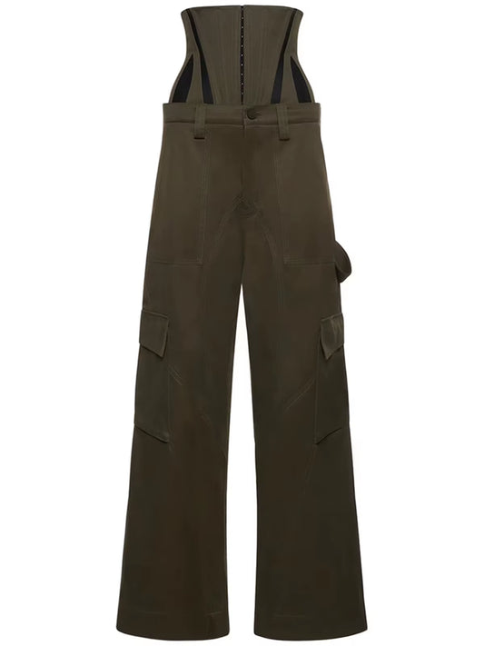 OUDINA Streetwear Wholesale Fishbone Stereotyped Green Loose High Waist Wide Leg Pants Trousers Womens Cargo Pants