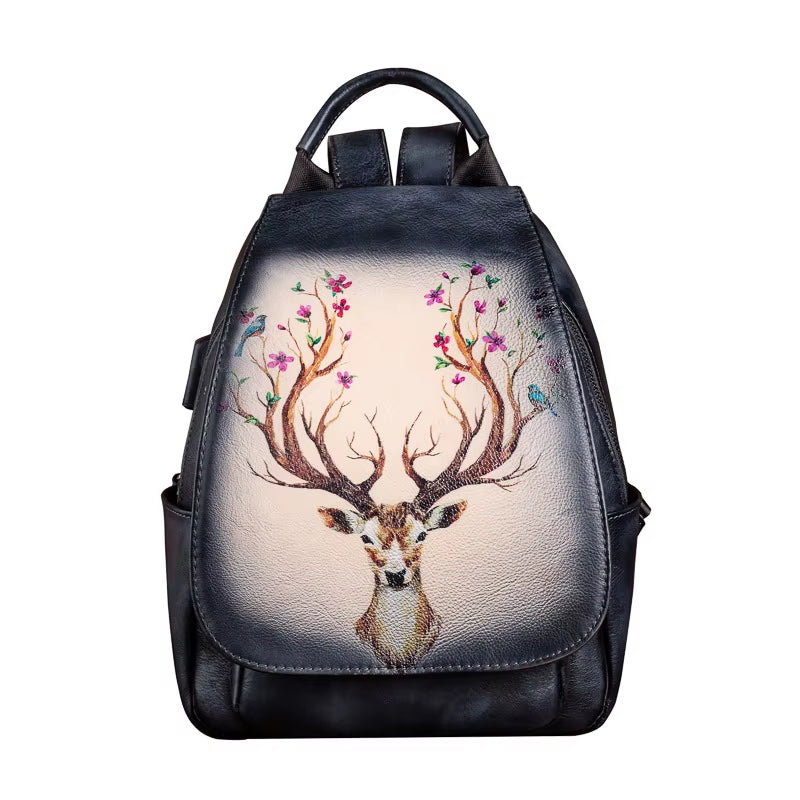 Original Design Animal Print Cowhide Leather Bag Backpack Retro Handmade Travel Bag Ladies Genuine Leather Backpack for Women