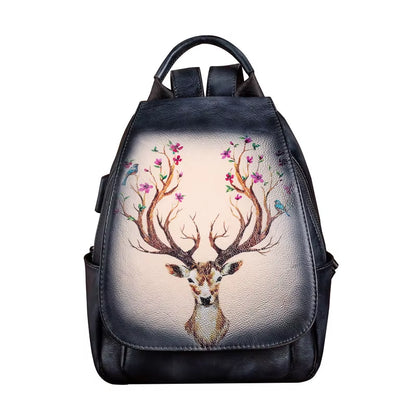 Original Design Animal Print Cowhide Leather Bag Backpack Retro Handmade Travel Bag Ladies Genuine Leather Backpack for Women