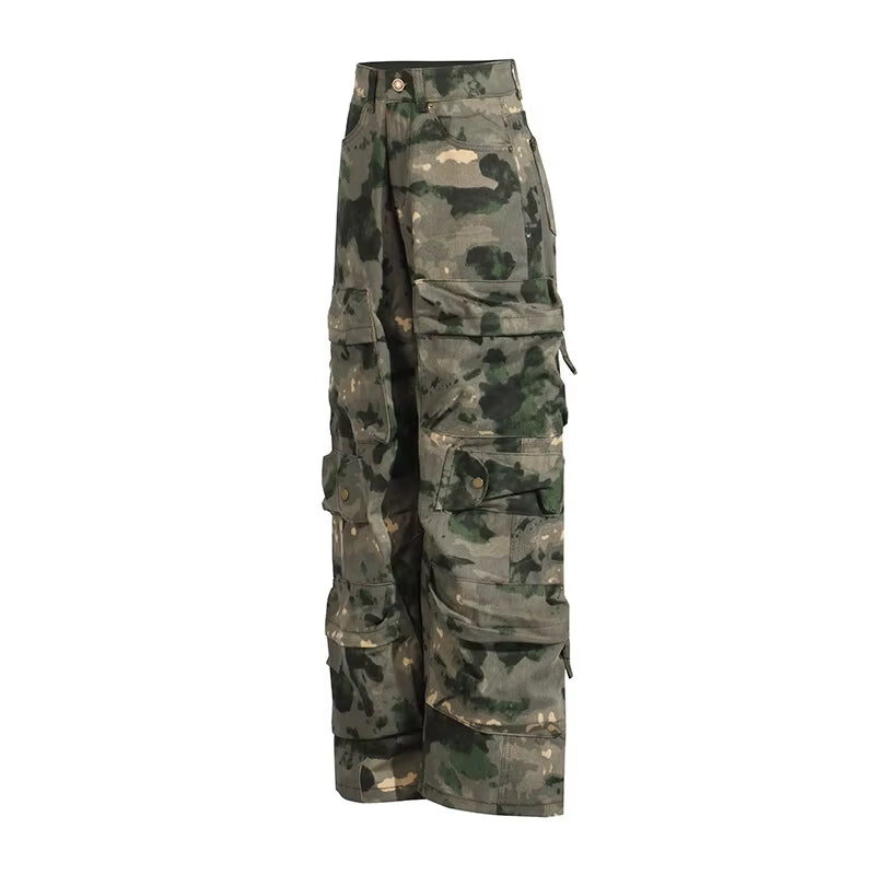  Style High Waist Multi Pocket Fashion Ink Splash Wide Leg Cargo Pants Jeans