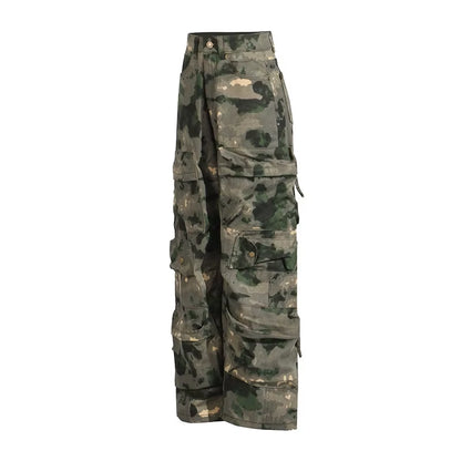  Style High Waist Multi Pocket Fashion Ink Splash Wide Leg Cargo Pants Jeans