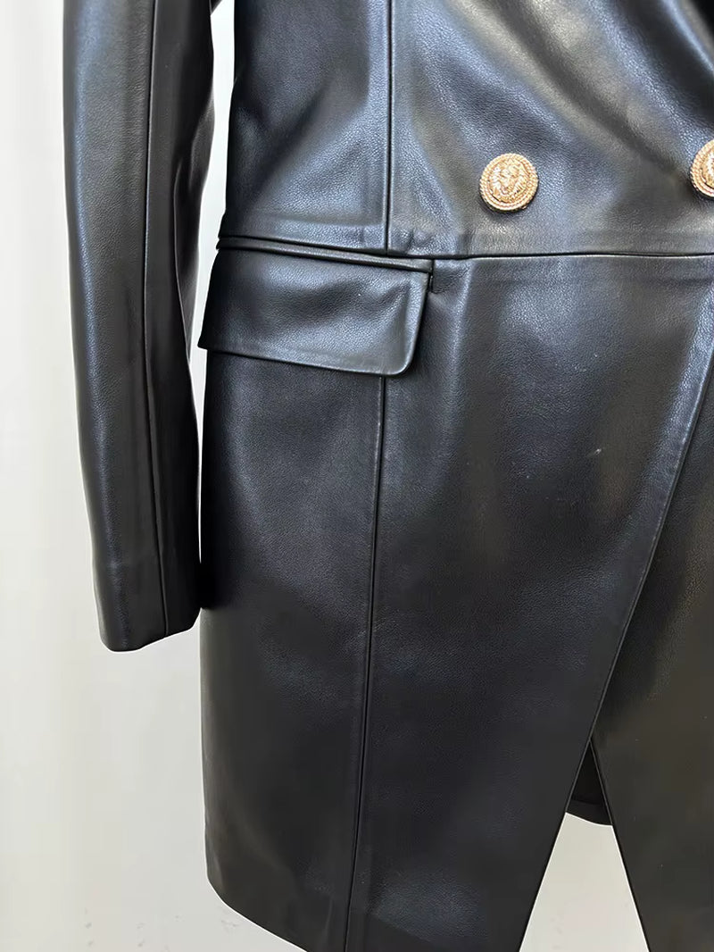 OUDINA Stylish New Slim Double-Breasted Zipper Casual Long Sleeve PU Dresses Women Lady Elegant Leather Dress