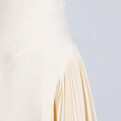 OUDINA Fashionable Elegant Lapel Hollow Splice Pleated Sleeveless Dress Simple Long Dresses for Ladies
