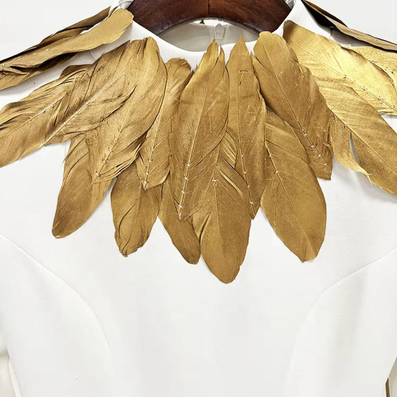 OUDINA Ready Stock 3XL plus Size Gold Feather Decoration Long Dresses Dinner Party Elegant Evening Dress for Women