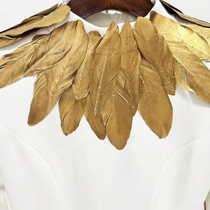 OUDINA Ready Stock 3XL plus Size Gold Feather Decoration Long Dresses Dinner Party Elegant Evening Dress for Women