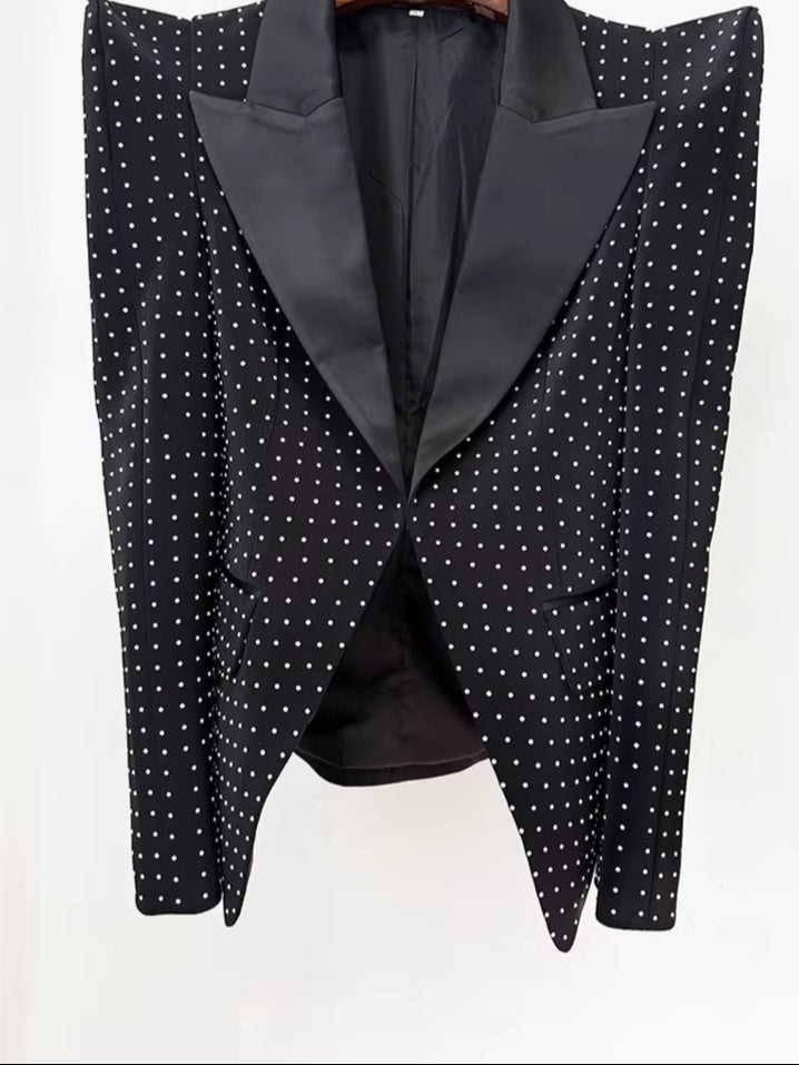 OUDINA Fashion Luxury Style Elegant Blazer Lapel Waist Slim Diamond Rhinestones Suit Jacket Blazers for Ladies