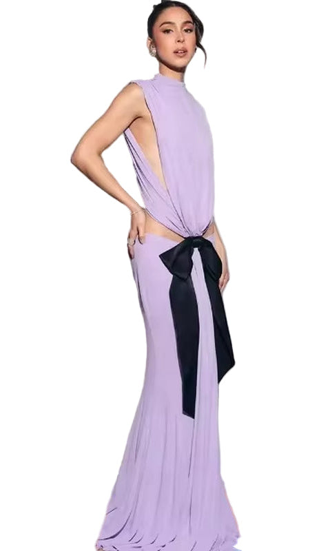 OUDINA Women'S Clothing Casual Sleeveless Waist-Baring Bow Fishtail Dresses Evening Lady Elegant Party Dress for Women