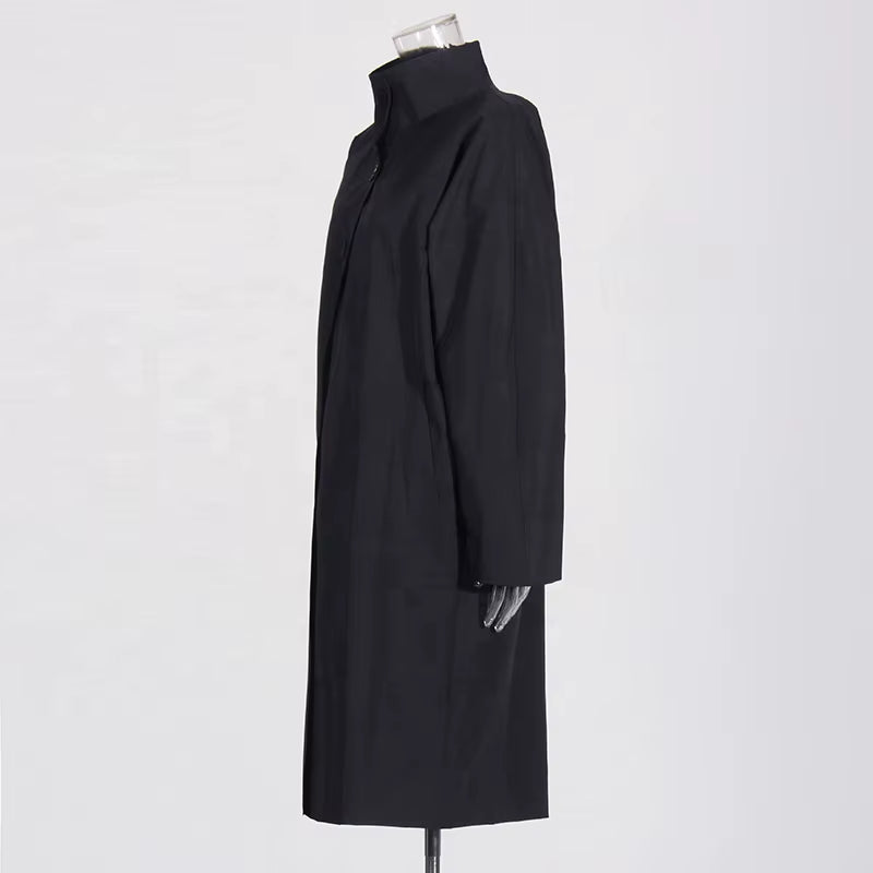 OUDINA Fashion Elegant Stand Single-Breasted Loose Ladies Coat Solid Long Trench Coats Simple Women'S Coats
