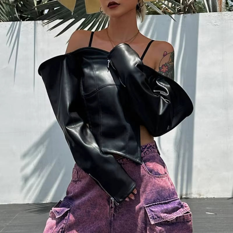 OUDINA New One-Word Collar Off-The-Shoulder Short Women'S Shirt PU Leather Top Women Shirts Blouses and Tops