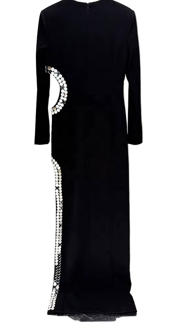 OUDINA Women Star Fashion Temperament Side Slit Hollow Beaded Long Dress plus Size Rhinestones Birthday Formal Dress Woman