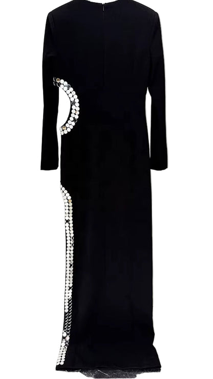 OUDINA Women Star Fashion Temperament Side Slit Hollow Beaded Long Dress plus Size Rhinestones Birthday Formal Dress Woman