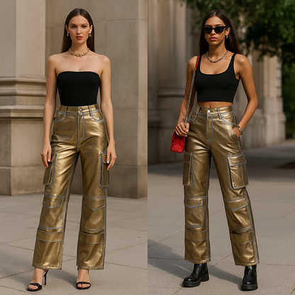 Shine Bright in Golden Era Metallic Cargo Jeans - The Ultimate Statement Piece for Street Style